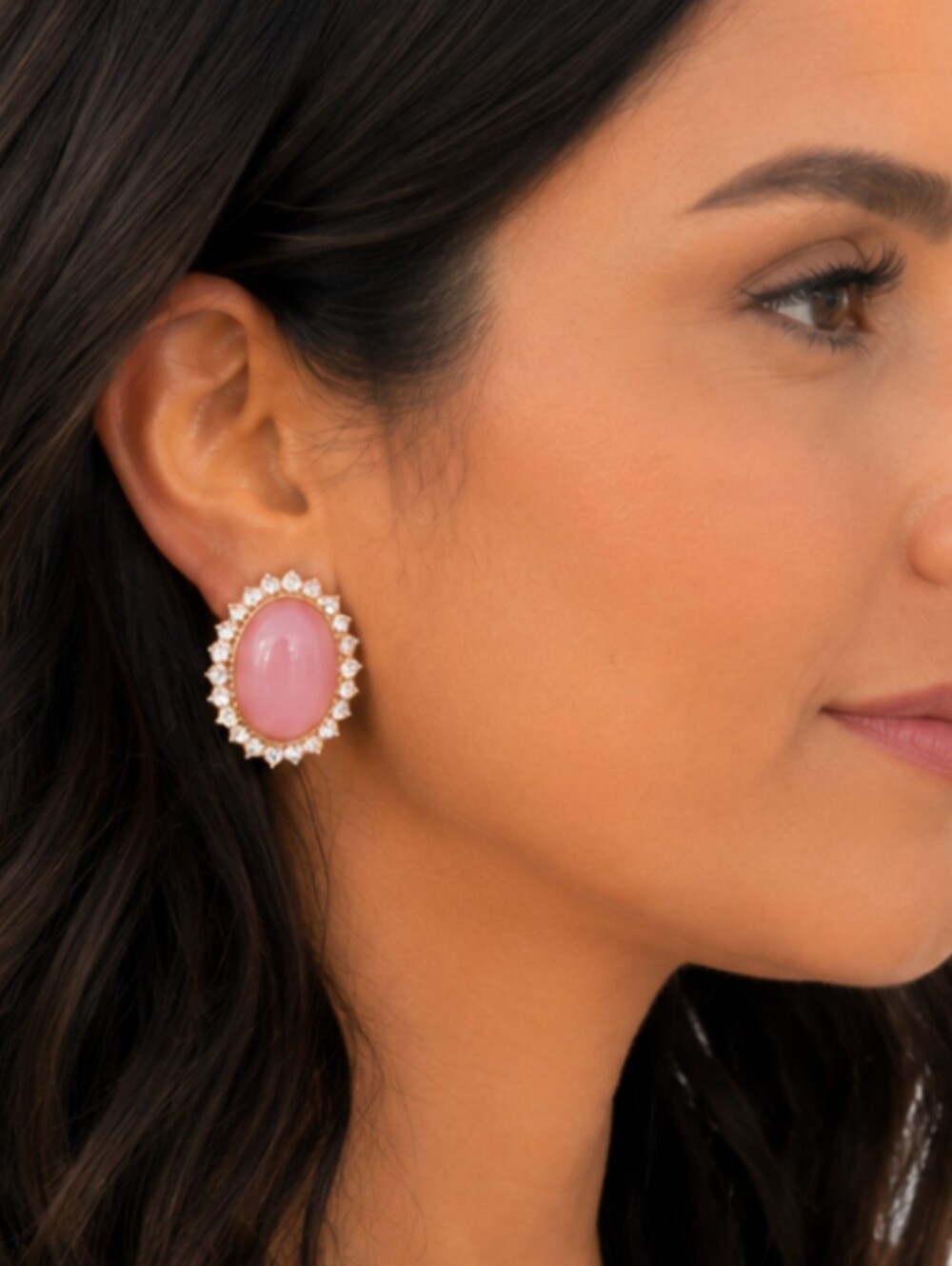 Butler Pink Cabochon Rhinestone Halo Earrings Vintage Gold Tone Statement Earing